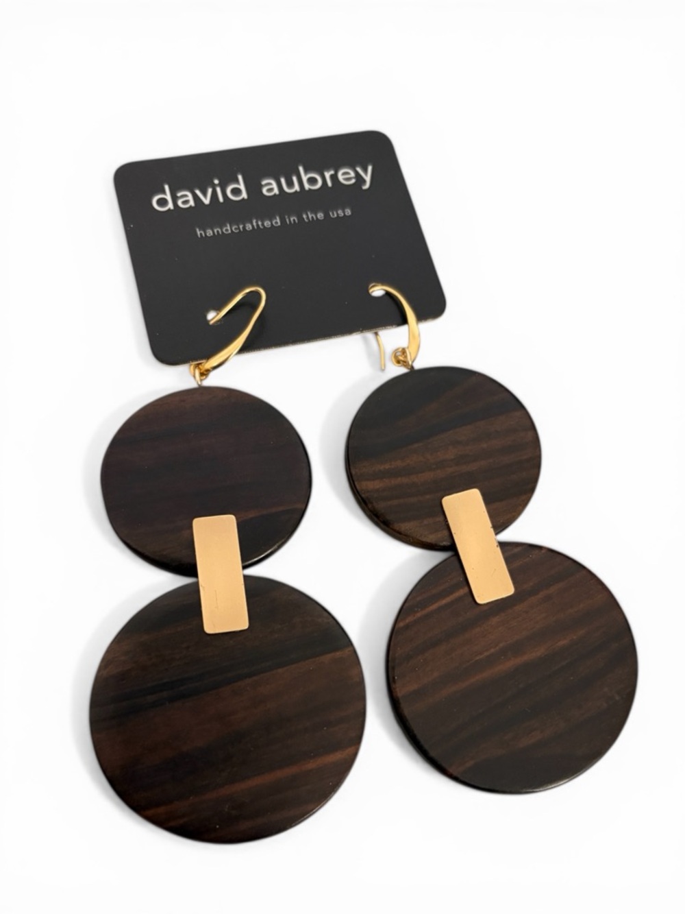 David Aubrey Gold & Dark Wood Double Disc Drop Earrings